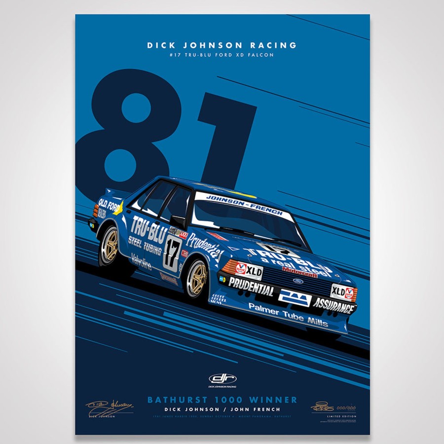 Shop Authentic Collectables | Dick Johnson Racing Tru-Blu Ford Falcon Xd 1981 Bathurst 1000 Winner - Blue Limited Edition Signed Print