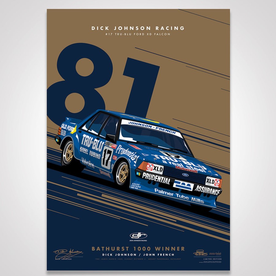 Shop Authentic Collectables | Dick Johnson Racing Tru-Blu Ford Falcon Xd 1981 Bathurst 1000 Winner - Metallic Gold Limited Edition Signed Print