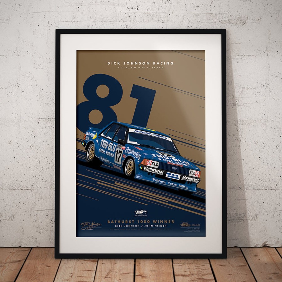 Shop Authentic Collectables | Dick Johnson Racing Tru-Blu Ford Falcon Xd 1981 Bathurst 1000 Winner - Metallic Gold Limited Edition Signed Print