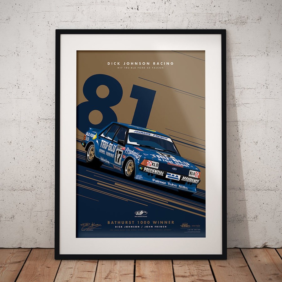 Shop Authentic Collectables | Dick Johnson Racing Tru-Blu Ford Falcon Xd 1981 Bathurst 1000 Winner - Metallic Gold Limited Edition Signed Print